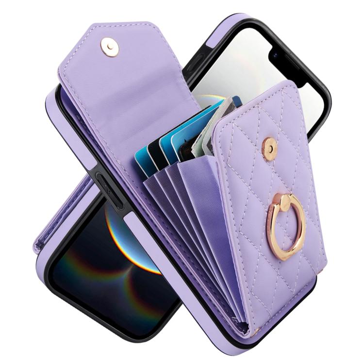 

For iPhone 16e Rhombic Texture Card Bag Phone Case with Long Lanyard(Light Purple)