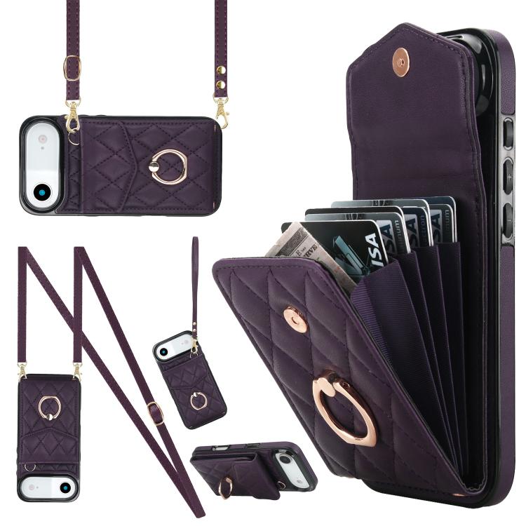 

For iPhone 17 Air Rhombic Texture Card Bag Phone Case with Long Lanyard(Dark Purple)