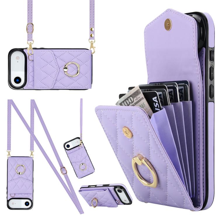 

For iPhone 17 Air Rhombic Texture Card Bag Phone Case with Long Lanyard(Light Purple)
