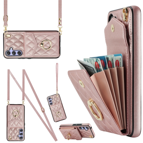 

For Samsung Galaxy A54 5G Rhombic Texture Card Bag Phone Case with Long Lanyard(Rose Gold)