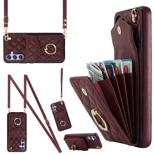 

For Samsung Galaxy A54 5G Rhombic Texture Card Bag Phone Case with Long Lanyard(Wine Red)