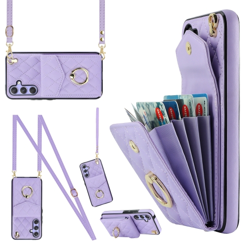 

For Samsung Galaxy A54 5G Rhombic Texture Card Bag Phone Case with Long Lanyard(Light Purple)