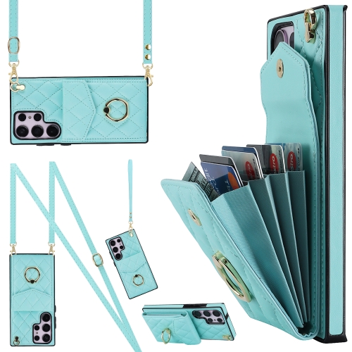 

For Samsung Galaxy S23 Ultra 5G Rhombic Texture Card Bag Phone Case with Long Lanyard(Mint Green)