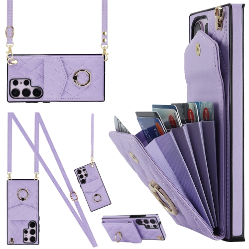 

For Samsung Galaxy S23 Ultra 5G Rhombic Texture Card Bag Phone Case with Long Lanyard(Light Purple)