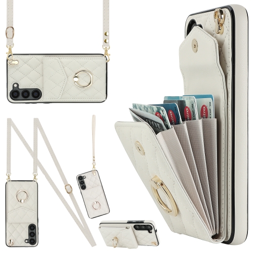 

For Samsung Galaxy S23+ 5G Rhombic Texture Card Bag Phone Case with Long Lanyard(White)