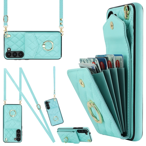 

For Samsung Galaxy S23+ 5G Rhombic Texture Card Bag Phone Case with Long Lanyard(Mint Green)
