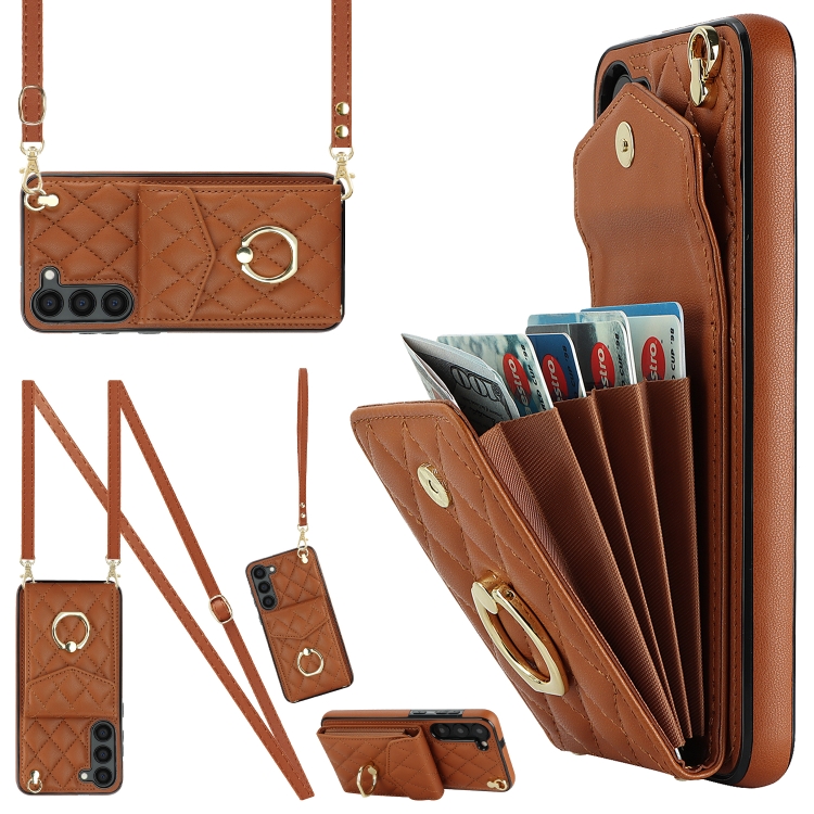 

For Samsung Galaxy S23 5G Rhombic Texture Card Bag Phone Case with Long Lanyard(Brown)