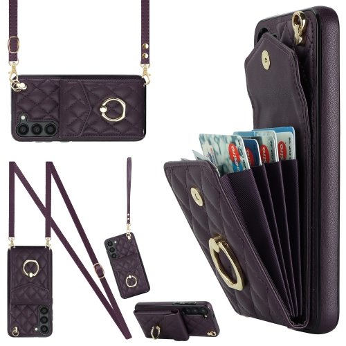 

For Samsung Galaxy S23 5G Rhombic Texture Card Bag Phone Case with Long Lanyard(Dark Purple)