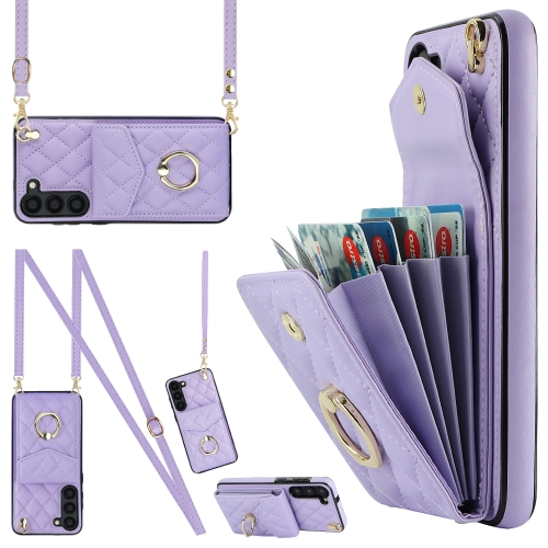 

For Samsung Galaxy S23 5G Rhombic Texture Card Bag Phone Case with Long Lanyard(Light Purple)