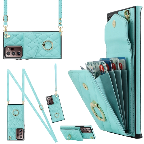 

For Samsung Galaxy Note20 Ultra Rhombic Texture Card Bag Phone Case with Long Lanyard(Mint Green)