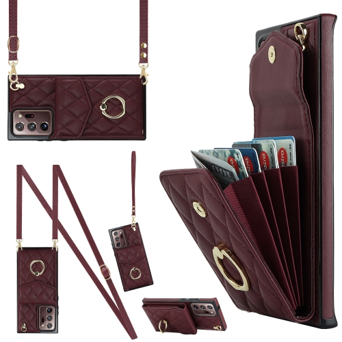 

For Samsung Galaxy Note20 Ultra Rhombic Texture Card Bag Phone Case with Long Lanyard(Wine Red)