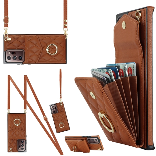 

For Samsung Galaxy Note20 Ultra Rhombic Texture Card Bag Phone Case with Long Lanyard(Brown)