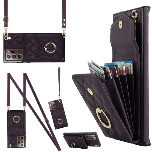 

For Samsung Galaxy Note20 Ultra Rhombic Texture Card Bag Phone Case with Long Lanyard(Dark Purple)