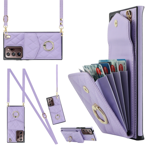 

For Samsung Galaxy Note20 Ultra Rhombic Texture Card Bag Phone Case with Long Lanyard(Light Purple)