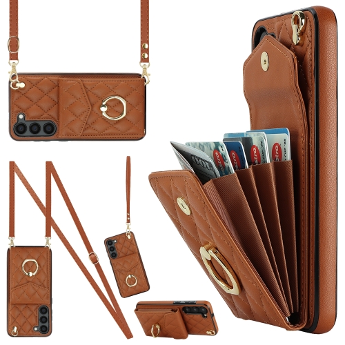 

For Samsung Galaxy S24 5G Rhombic Texture Card Bag Phone Case with Long Lanyard(Brown)