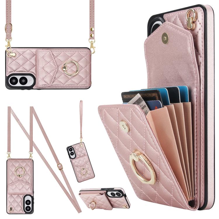 

For Samsung Galaxy S25 Edge 5G Rhombic Texture Card Bag Phone Case with Long Lanyard(Rose Gold)