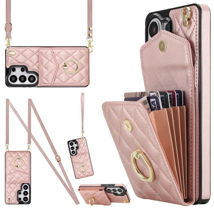 

For Samsung Galaxy S26 Ultra 5G Rhombic Texture Card Bag Phone Case with Long Lanyard(Rose Gold)