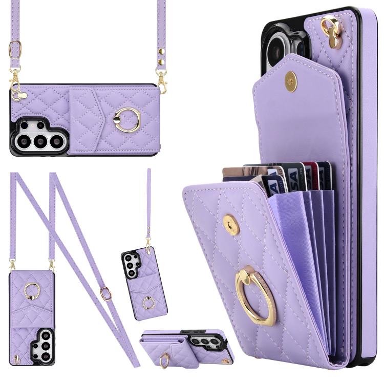 

For Samsung Galaxy S26 Ultra 5G Rhombic Texture Card Bag Phone Case with Long Lanyard(Light Purple)