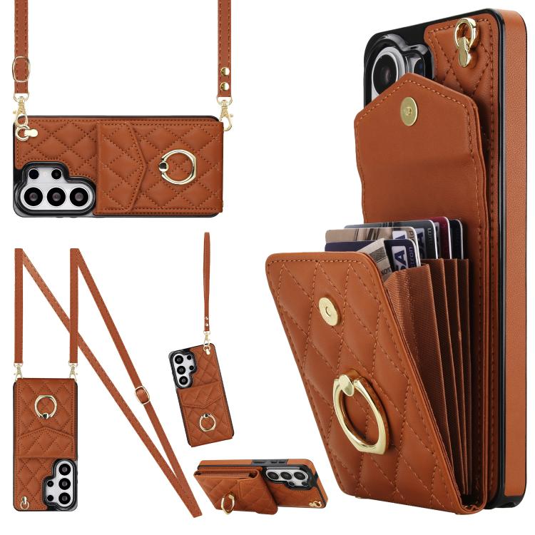 

For Samsung Galaxy S26 Ultra 5G Rhombic Texture Card Bag Phone Case with Long Lanyard(Brown)