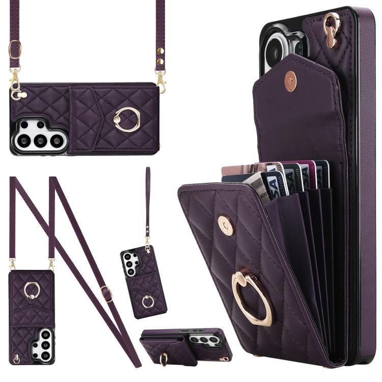 For Samsung Galaxy S26 Ultra 5G Rhombic Texture Card Bag Phone Case with Long Lanyard(Dark Purple)