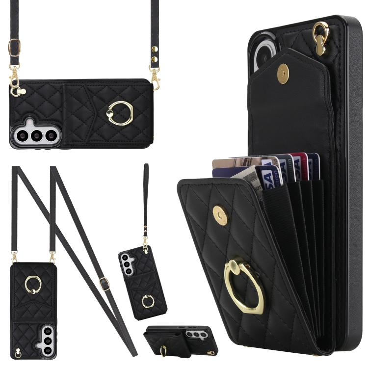 

For Samsung Galaxy S26 5G Rhombic Texture Card Bag Phone Case with Long Lanyard(Black)