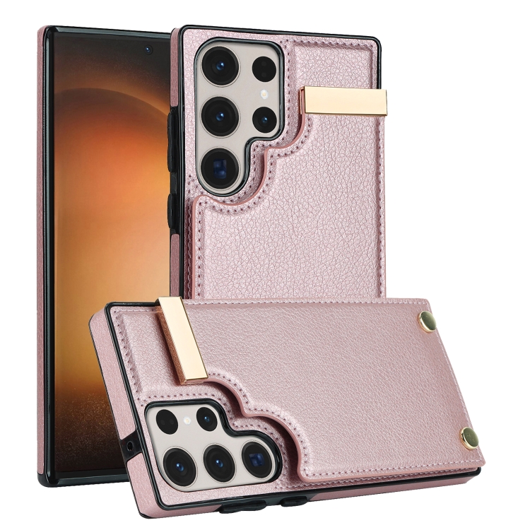 

For Samsung Galaxy S23 Ultra 5G Metal Buckle Card Slots Phone Case(Rose Gold)