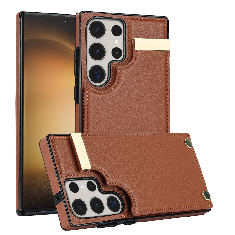 

For Samsung Galaxy S23 Ultra 5G Metal Buckle Card Slots Phone Case(Brown)