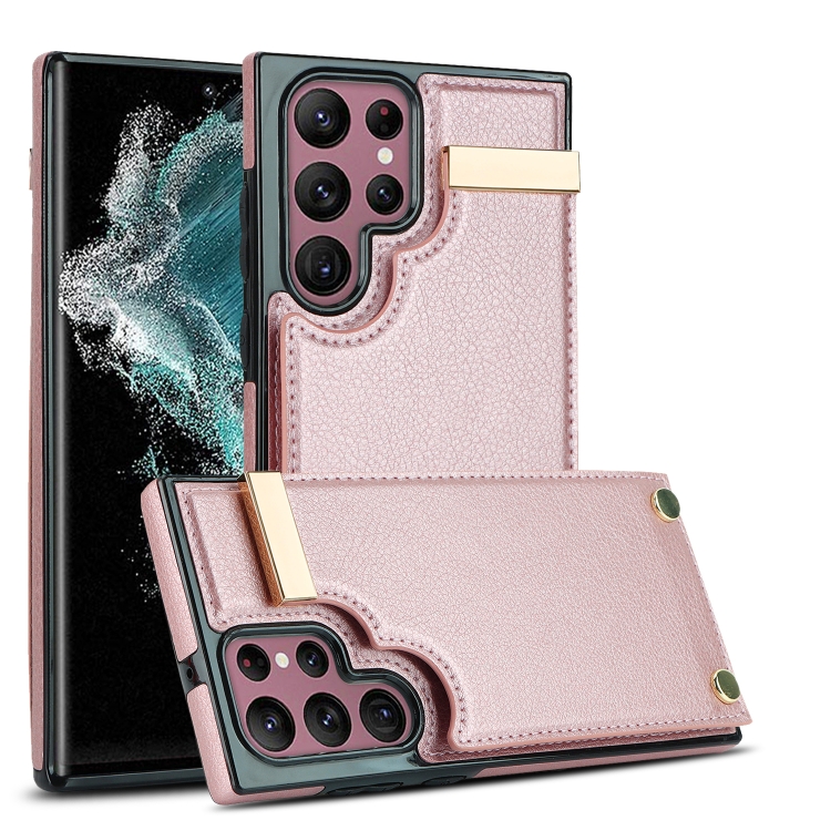 

For Samsung Galaxy S22 Ultra 5G Metal Buckle Card Slots Phone Case(Rose Gold)