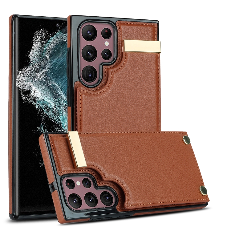 

For Samsung Galaxy S22 Ultra 5G Metal Buckle Card Slots Phone Case(Brown)