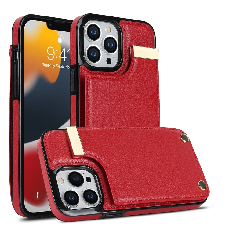 

For iPhone 13 Pro Max Metal Buckle Card Slots Phone Case(Red)