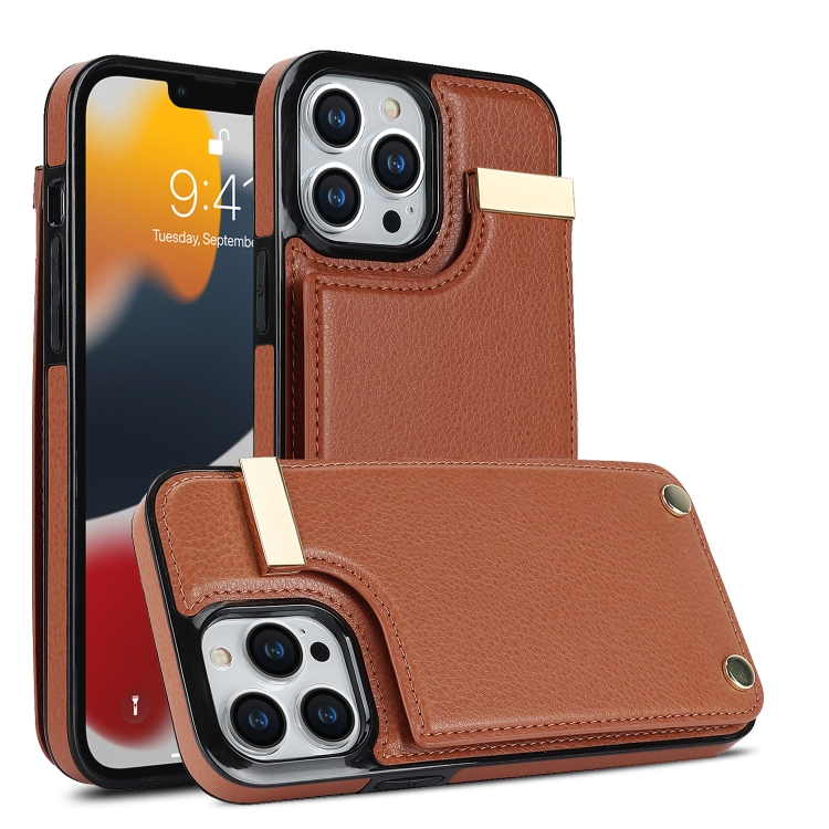 

For iPhone 13 Pro Max Metal Buckle Card Slots Phone Case(Brown)