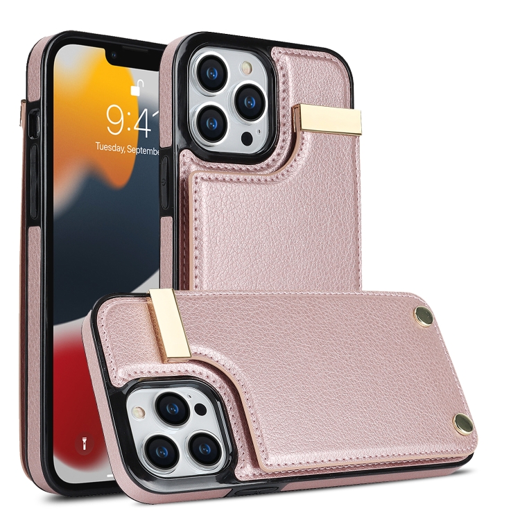 

For iPhone 13 Pro Metal Buckle Card Slots Phone Case(Rose Gold)
