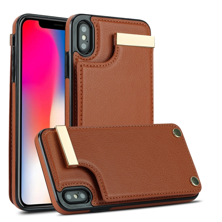 

For iPhone XS Max Metal Buckle Card Slots Phone Case(Brown)