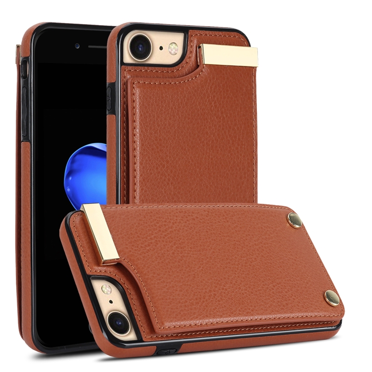 

For iPhone SE 2022 / 2020 / 8 / 7 Metal Buckle Card Slots Phone Case(Brown)