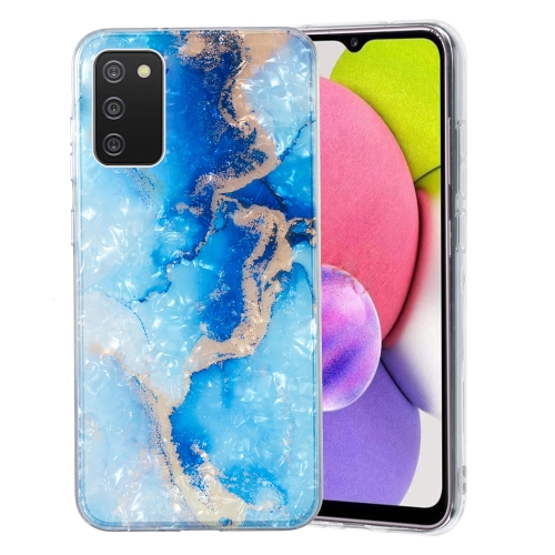 

For Samsung Galaxy A02s EU Version IMD Shell Pattern TPU Phone Case(Blue Gold Marble)