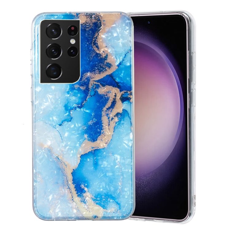 

For Samsung Galaxy S21 Ultra 5G IMD Shell Pattern TPU Phone Case(Blue Gold Marble)