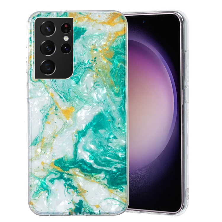 

For Samsung Galaxy S21 Ultra 5G IMD Shell Pattern TPU Phone Case(Green Marble)