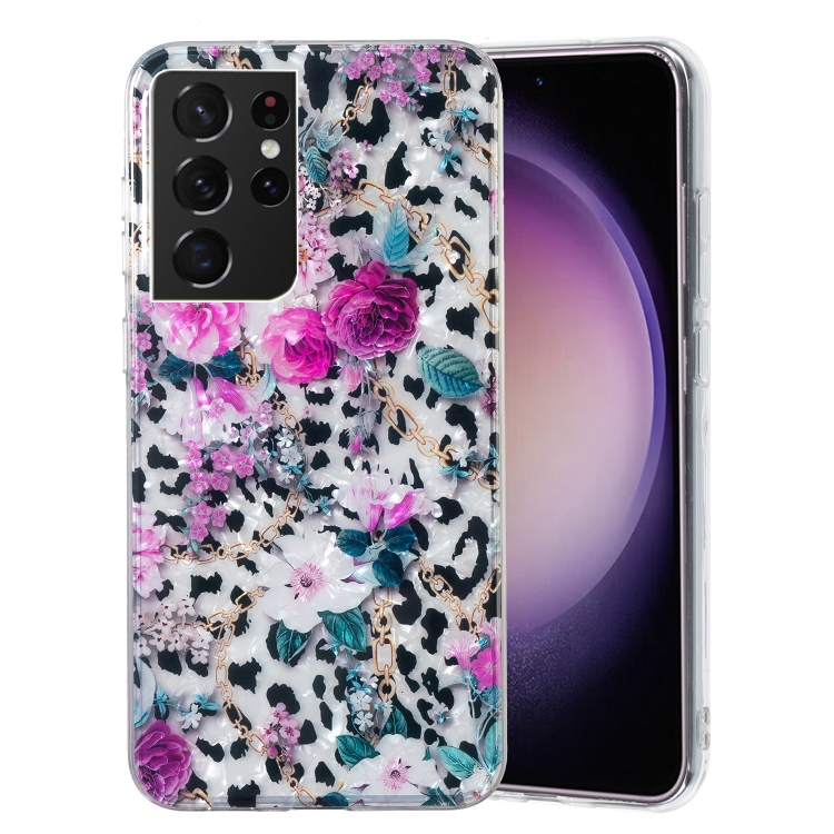 

For Samsung Galaxy S21 Ultra 5G IMD Shell Pattern TPU Phone Case(Leopard Flower)