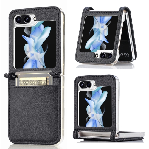 

For Samsung Galaxy Z Flip5 Litchi Texture PU Card Fold Back Phone Case(Black)