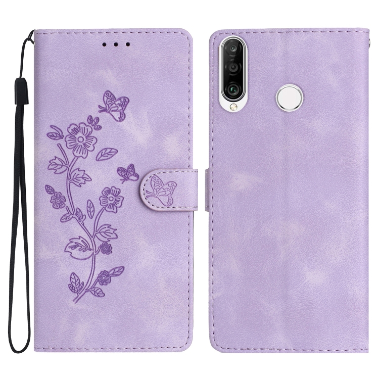 

For Huawei Y6p Flower Butterfly Embossing Pattern Leather Phone Case(Purple)