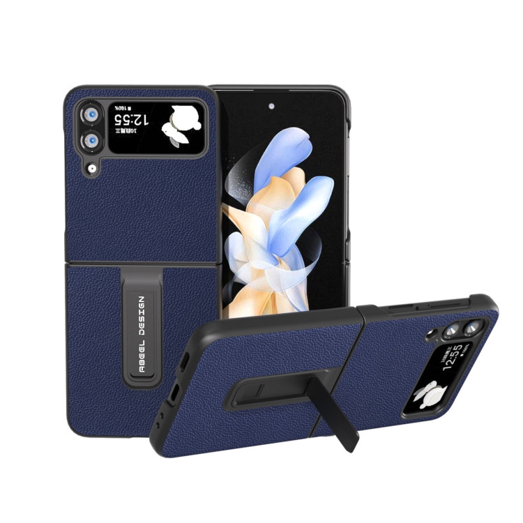 

For Samsung Galaxy Z Flip4 Black Edge Genuine Leather Mino Phone Case with Holder(Royal Blue)