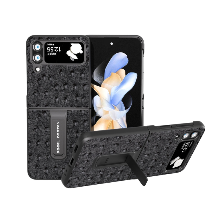 

For Samsung Galaxy Z Flip4 Genuine Leather Ostrich Texture Phone Case with Holder(Black)