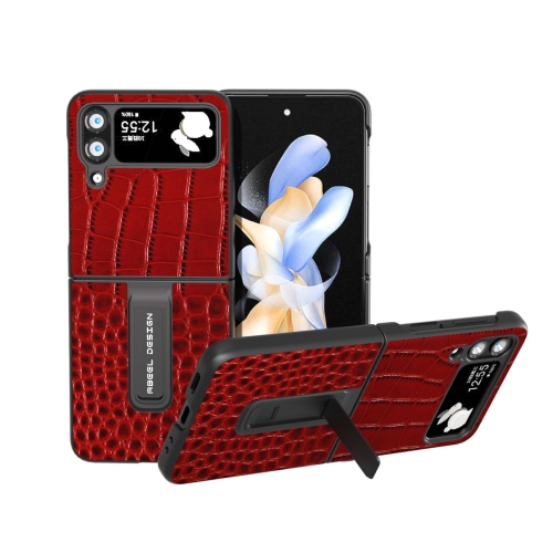 

For Samsung Galaxy Z Flip4 ABEEL Genuine Leather Crocodile Pattern Phone Case with Holder(Red)