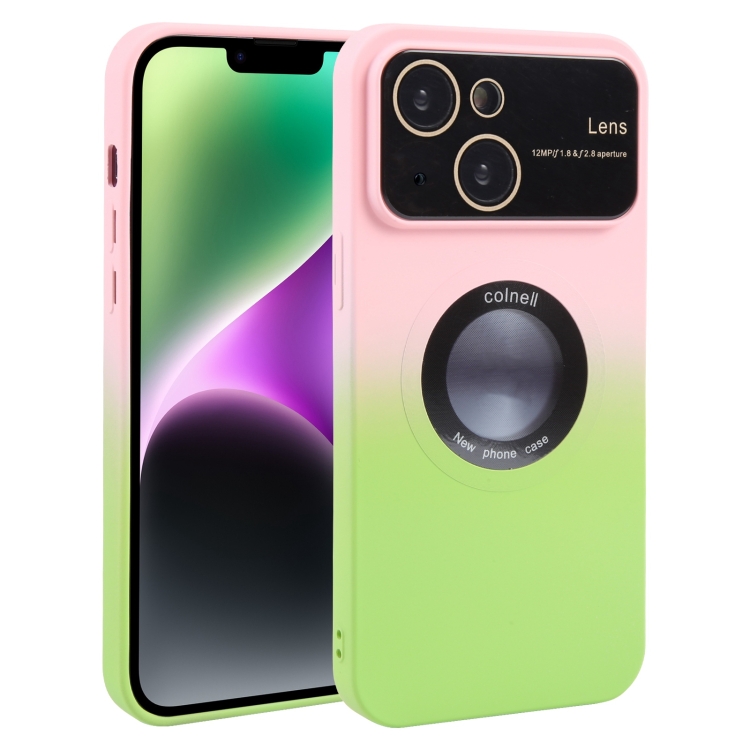 

For iPhone 14 Gradient Silicone Shockproof Magsafe Phone Case with Lens Film(Pink Green)