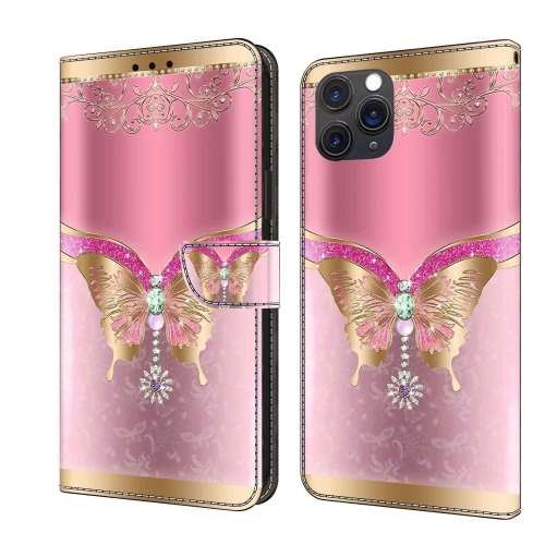 For iPhone 11 Pro Max Crystal 3D Shockproof Protective Leather Phone Case(Pink Bottom Butterfly)