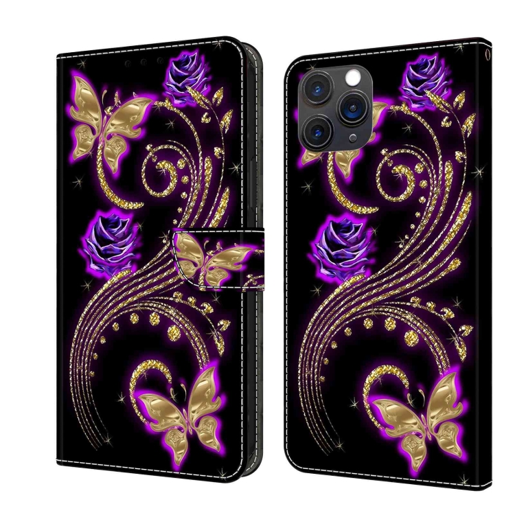 

For iPhone 11 Pro Max Crystal 3D Shockproof Protective Leather Phone Case(Purple Flower Butterfly)