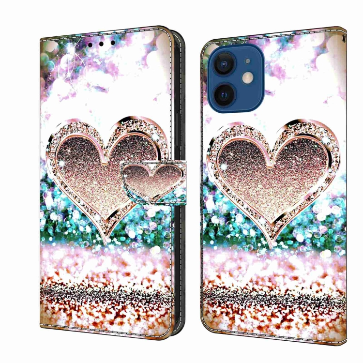 

For iPhone 12 mini / 13 mini Crystal 3D Shockproof Protective Leather Phone Case(Pink Diamond Heart)