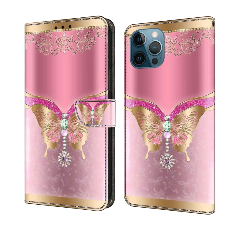 

For iPhone 12 Pro Max / 13 Pro Max Crystal 3D Shockproof Protective Leather Phone Case(Pink Bottom Butterfly)