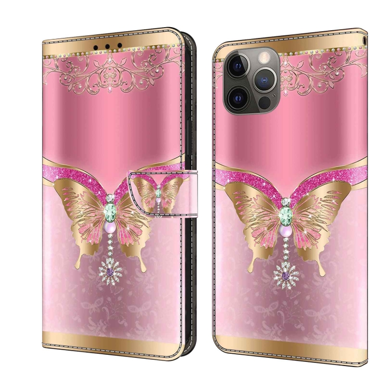 

For iPhone 12 / 12 Pro Crystal 3D Shockproof Protective Leather Phone Case(Pink Bottom Butterfly)