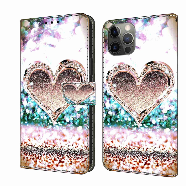 

For iPhone 12 / 12 Pro Crystal 3D Shockproof Protective Leather Phone Case(Pink Diamond Heart)